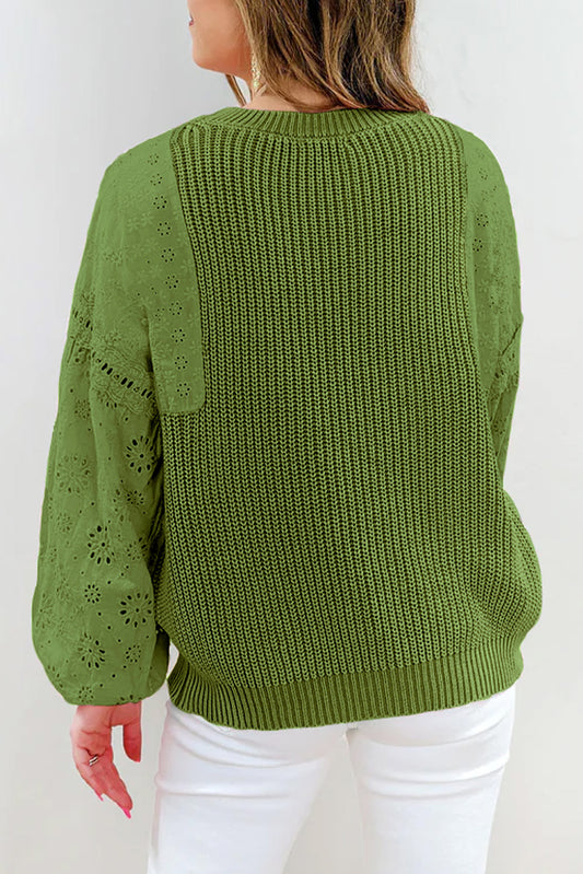 Pull patchwork vert à œillets et épaules tombantes