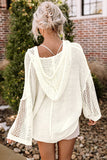 White Open Knit Long Sleeve Pocketed Hooded Sweater