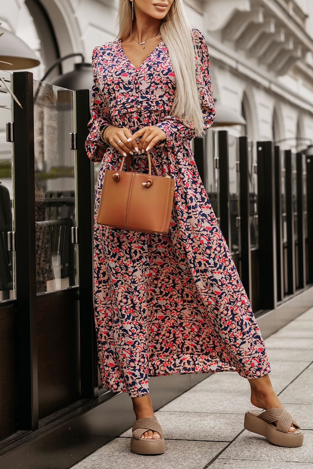 Boho Floral Print Buttons Deep V Neck Maxi Dress