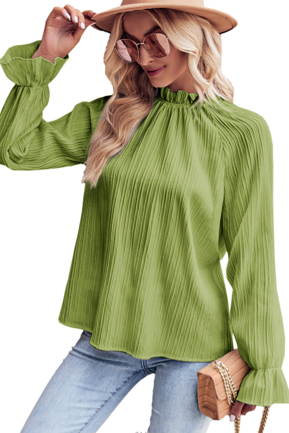 Frilled Mock Neck Ripple Bubble Sleeve Blouse