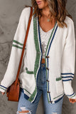 Striped Buttoned Pocketed Drop Shoulder Sweater