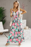 Robe longue florale à col en V et taille élastique vert 