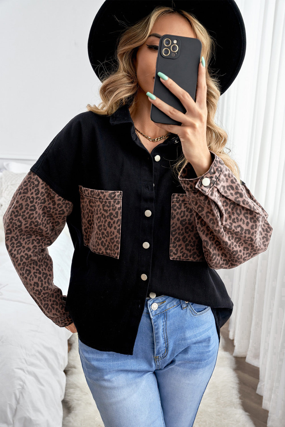 Contrast Leopard Denim Jacket