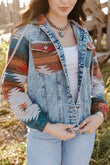 Aztec Print Frayed Hem Denim Jacket