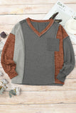 V Neck Color Block Patchwork Loose Pullover