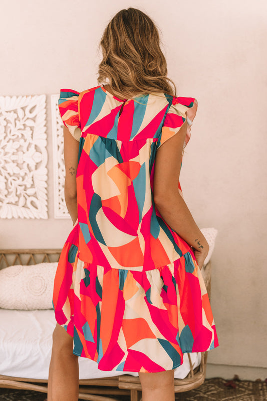 Abstract Geometric Print Flutter Sleeve Babydoll Dress