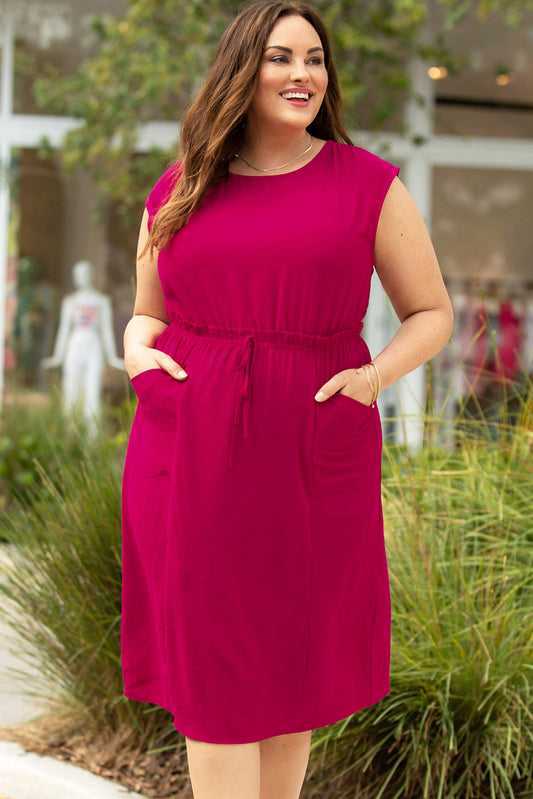 Ruffled Drawstring High Waist Sleeveless Plus Size Midi Dress