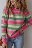 Gray Stripe Color Block Ribbed Edge Round Neck Sweater