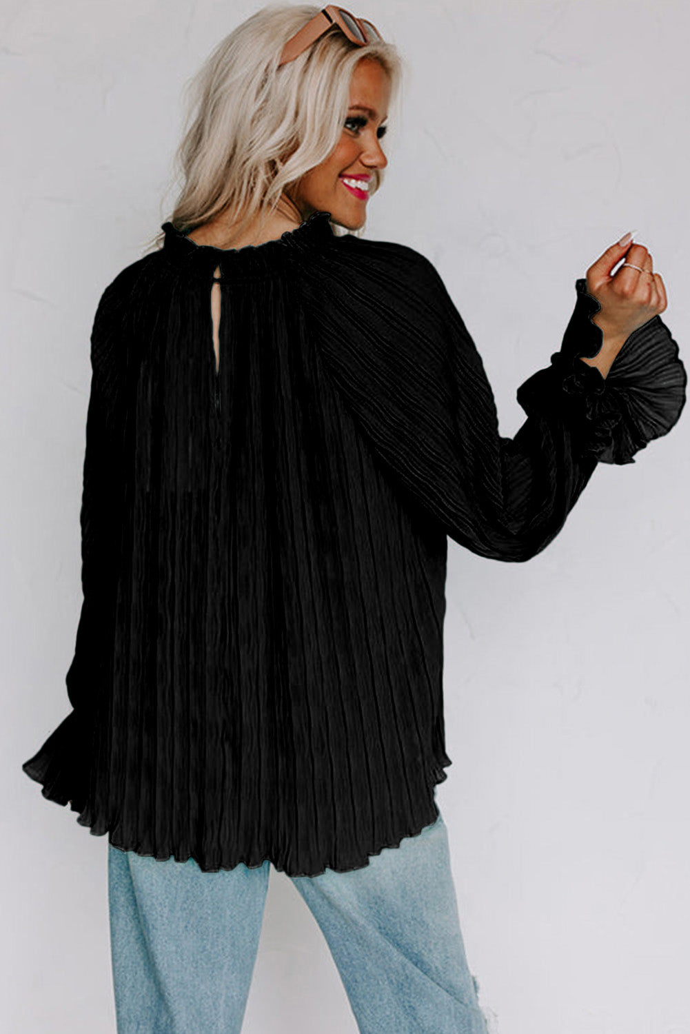 Striking Pleated Flared Cuff Long Sleeve Blouse