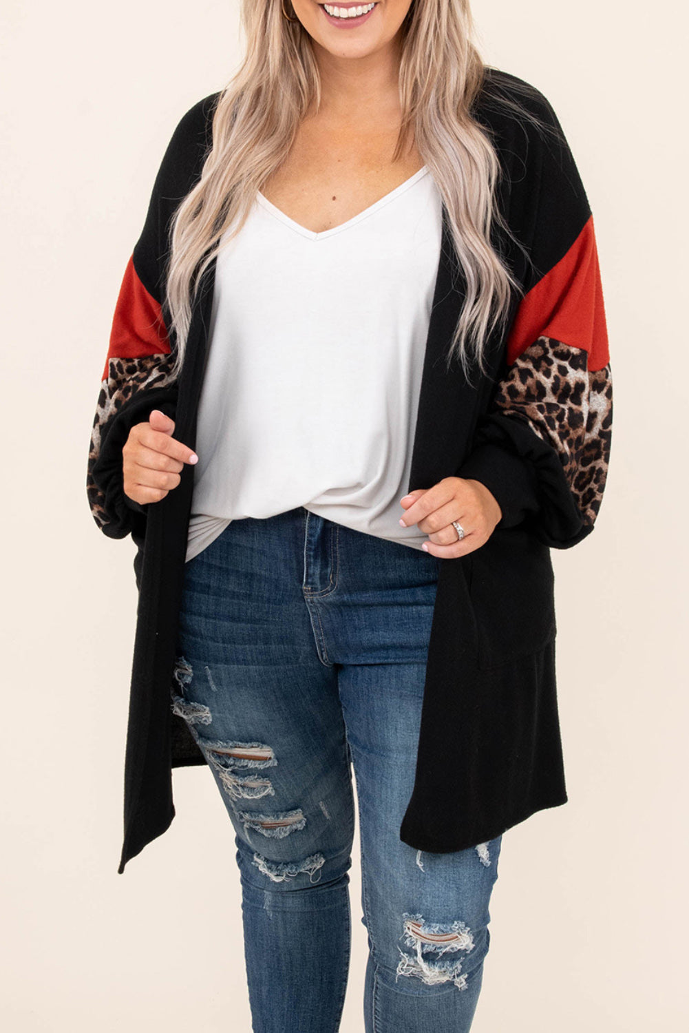 Leopard Color Block Sleeve Plus Size Cardigan