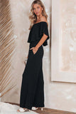 Solid Color Off Shoulder Wide Leg Jumpsuit