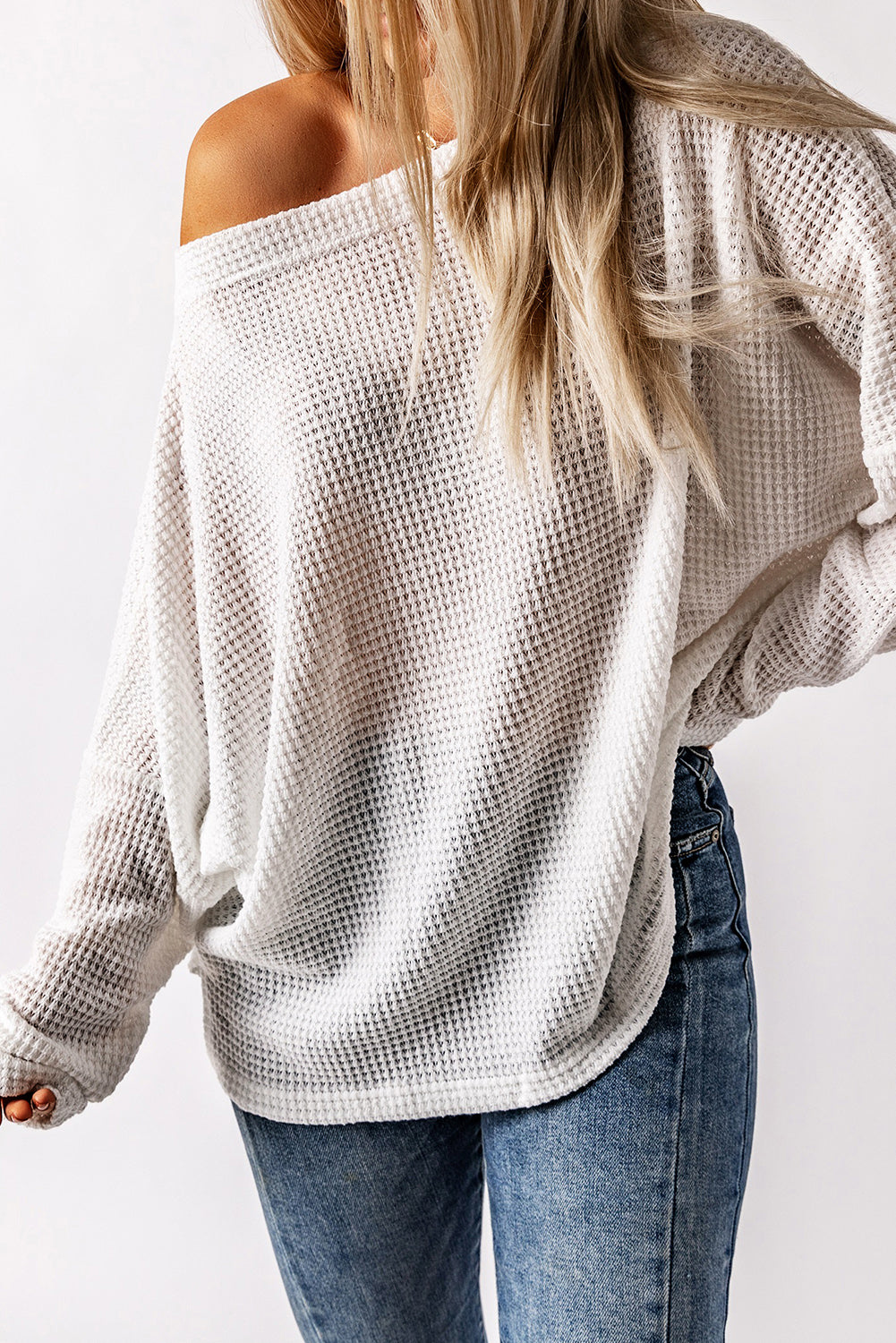 Waffle Knit Eyelet Long Sleeve Blouse