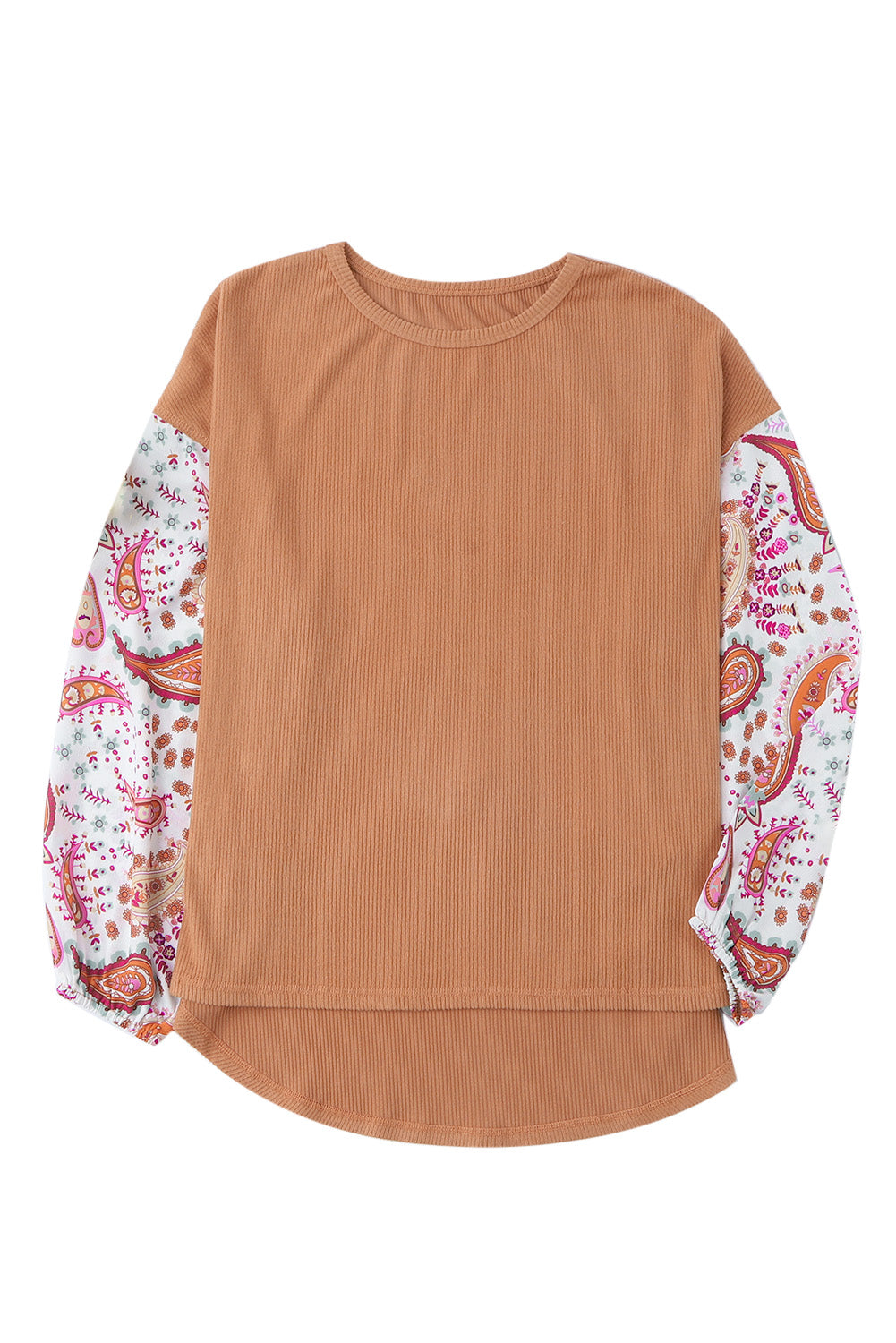 Paisley Contrast Bubble Sleeve Ribbed Top