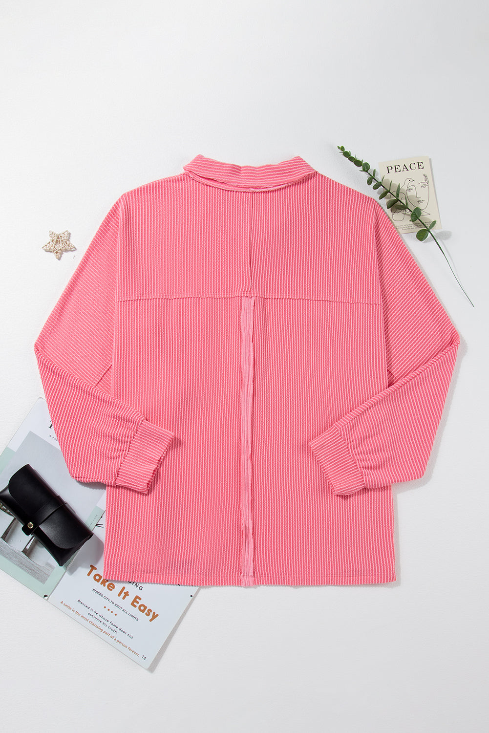 Pink Plus Size Ribbed Pocketed Long Sleeve Henley Top