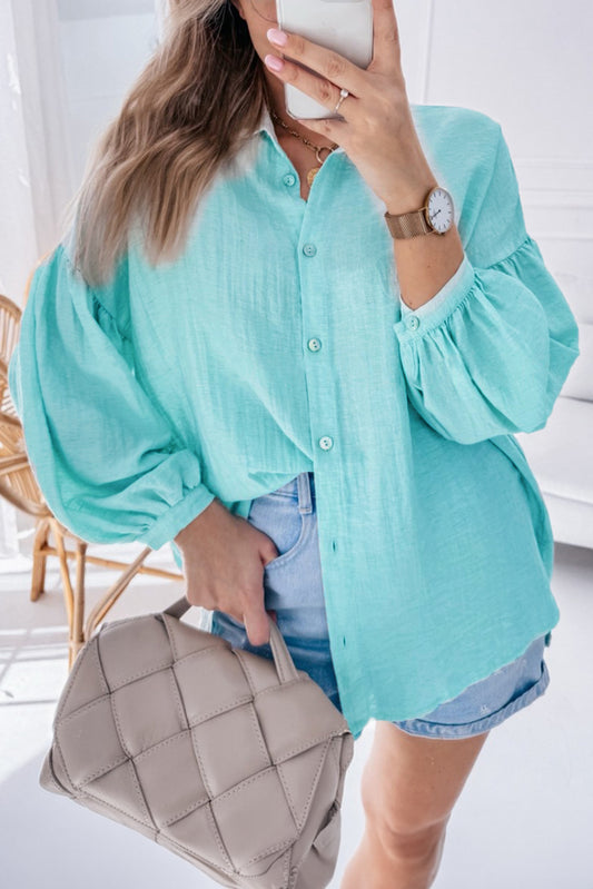 Iceland Blue Solid Puff Sleeve Loose Fit Buttoned Shirt