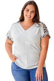 Plus Leopard Splicing V Neck Short Sleeve Top