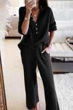 Ribbed Knit Collared Henley Top and Pants Lounge Outfit