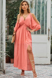 Cold Shoulder Side Slit Backless Deep V Neck Maxi Dress