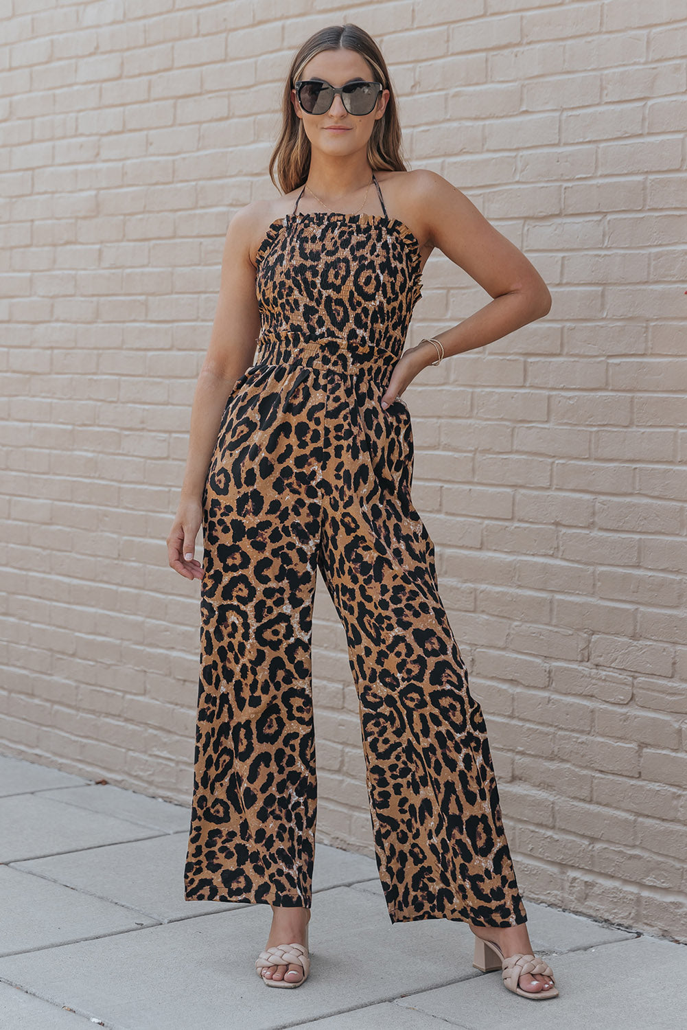 Print Halter Neck Backless Wide Leg Jumpsuit