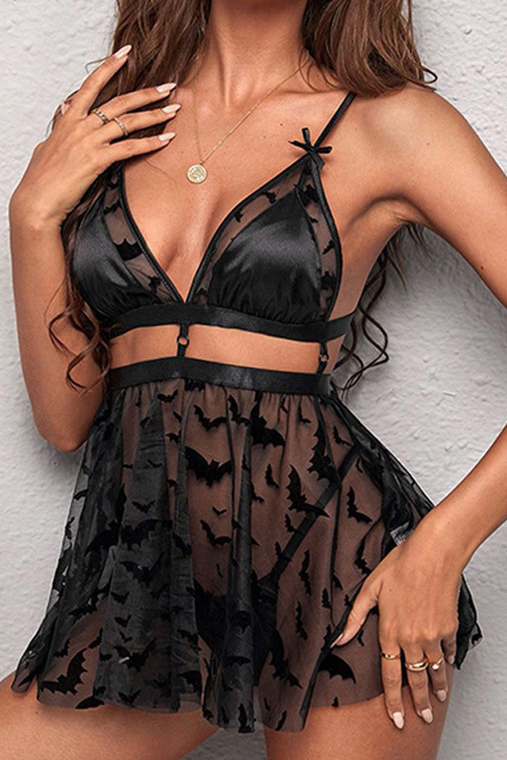 Bat Print Mesh Bow Decor Backless Sheer Babydoll