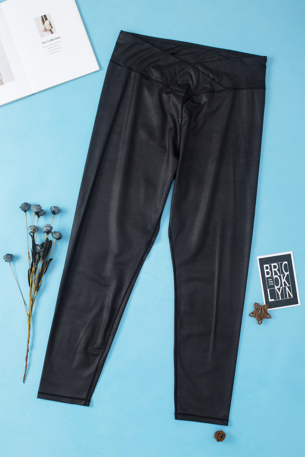 Black Crossed Dip Waist Sleek Leather Leggings