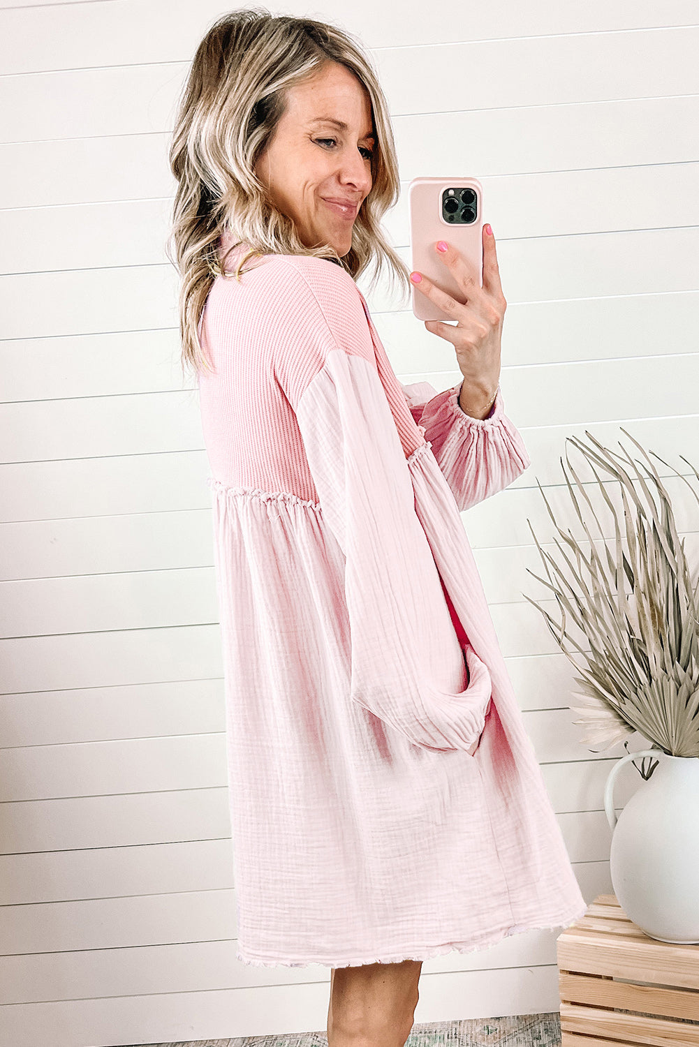 Patchwork Crinkle Puff Sleeve Shirt Dress