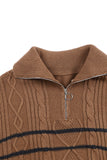 Brown Striped Half Zip Pullover Sweater