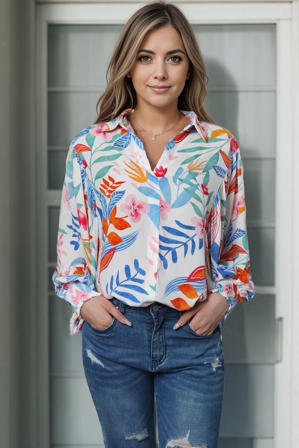 Vibrant Floral Printed Billowy Sleeve Shirt