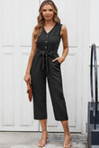 Green Buttoned Sleeveless Cropped Jumpsuit with Sash