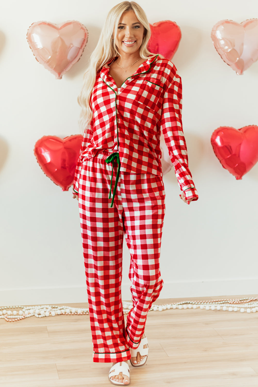 Light Green Christmas Plaid Print Shirt and Pants Pajama Set