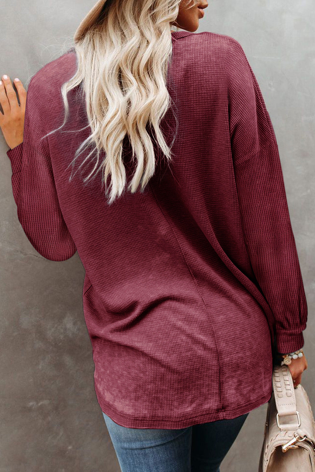 Waffle Knit V Neck Long Sleeve Loose Tunic Top