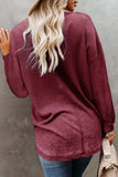 Waffle Knit V Neck Long Sleeve Loose Tunic Top