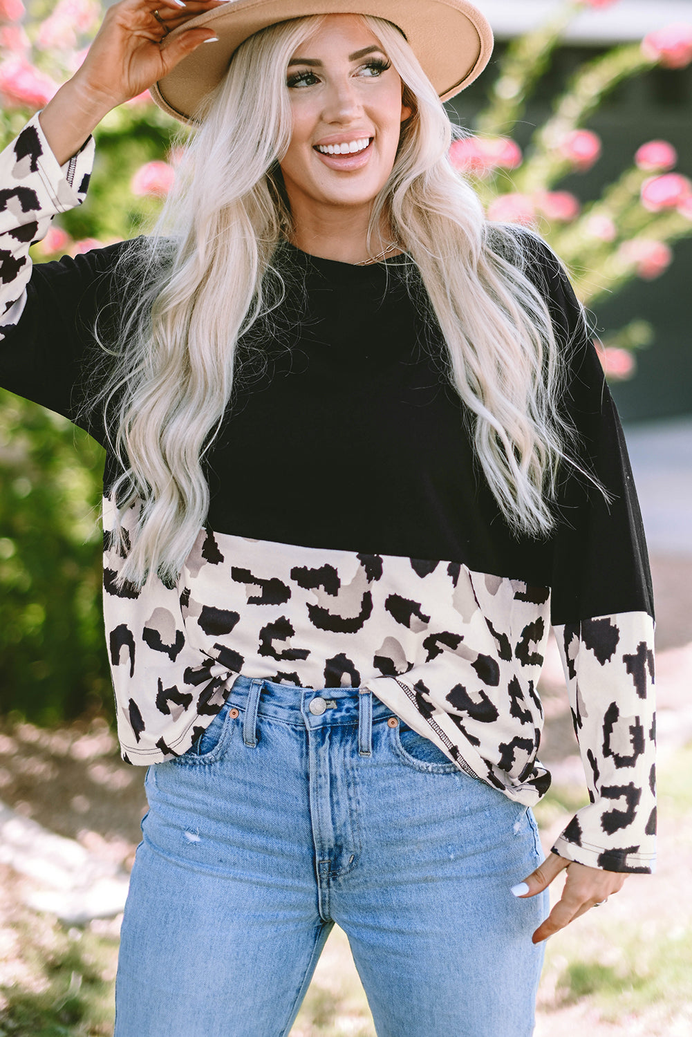 Leopard Color Block Long Sleeve Top