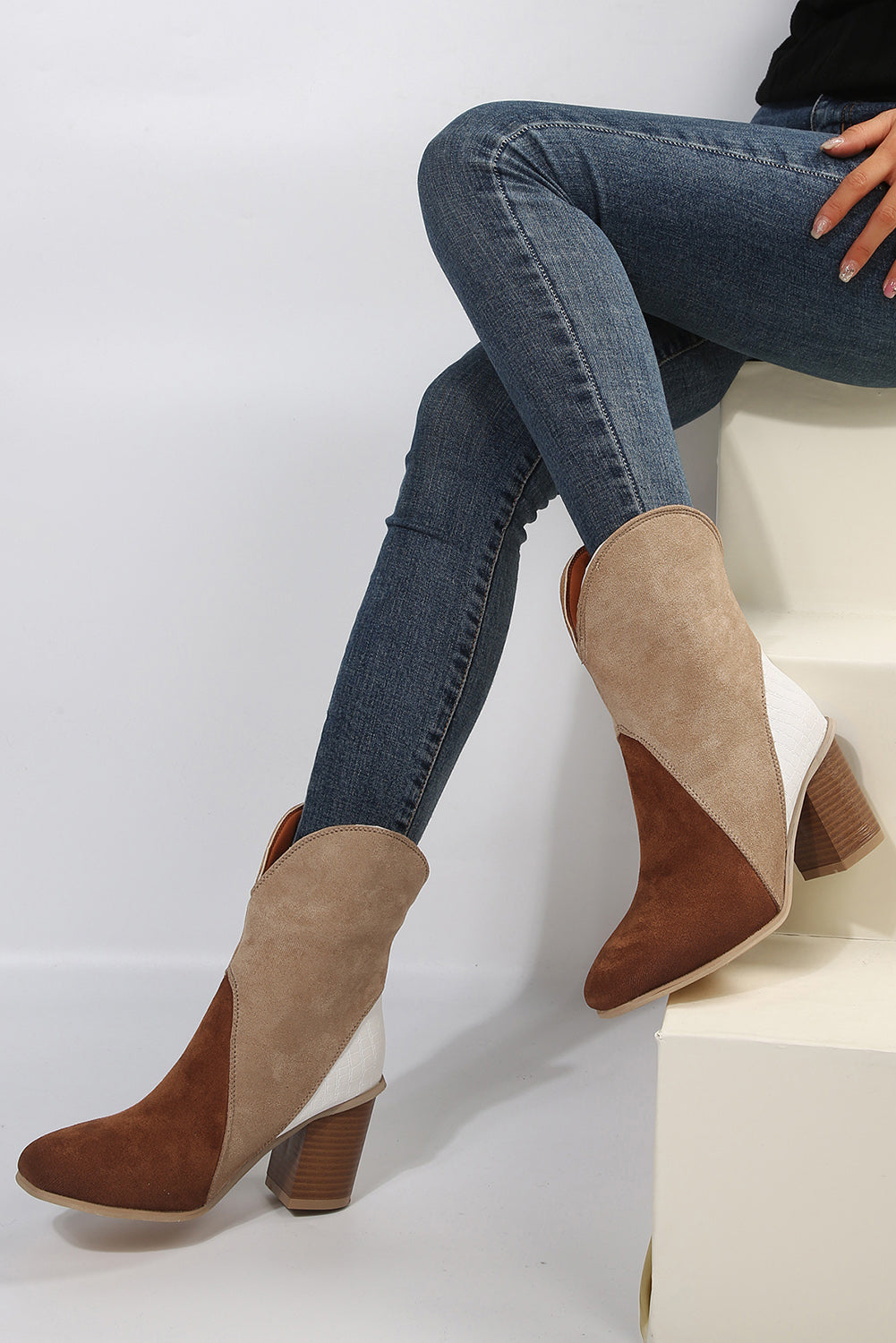 Colorblock Suede Heeled Ankle Booties