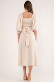 Beige Puff Sleeve Cross Tie Cut Out Maxi Dress