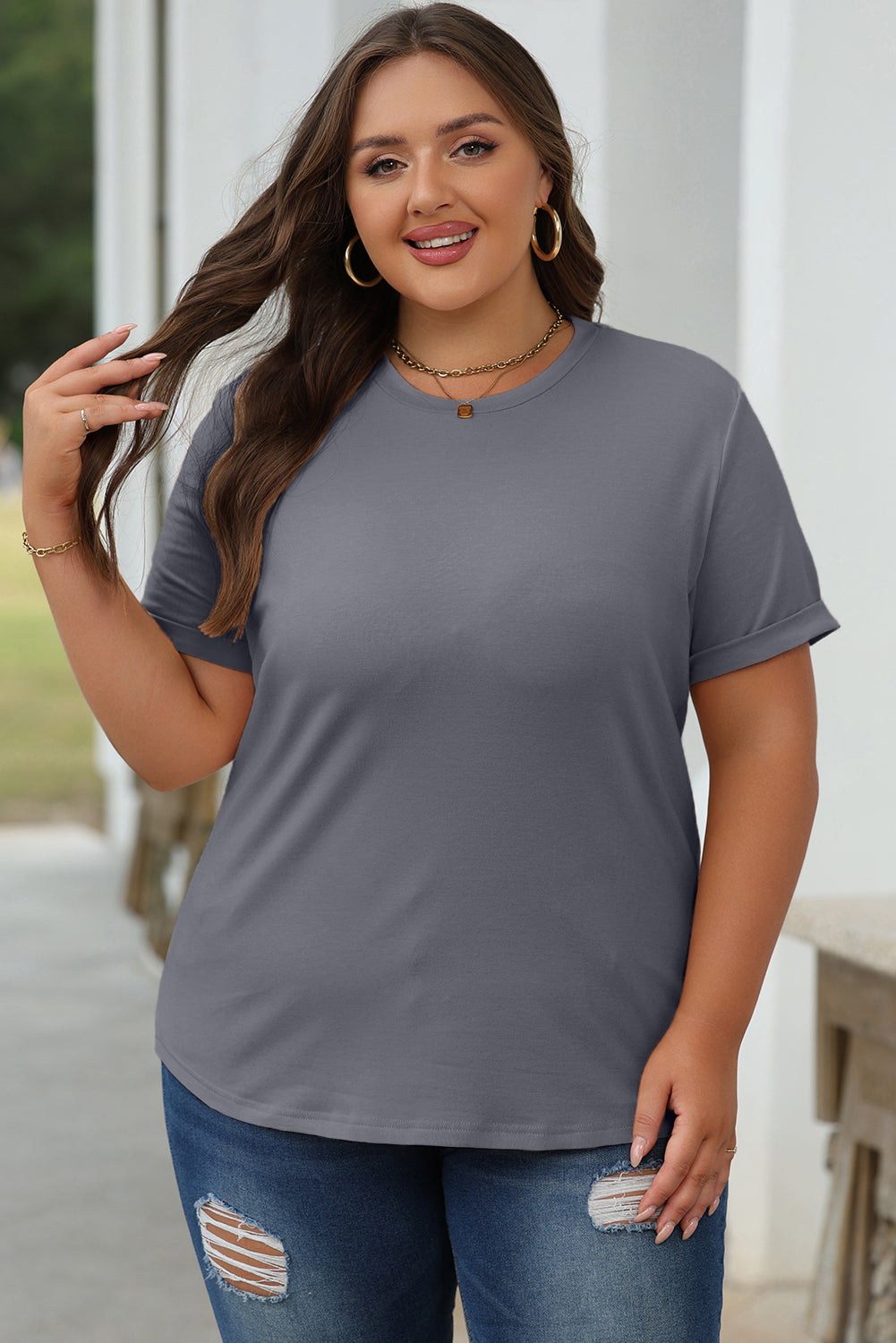 Khaki Casual Plain Crew Neck Tee