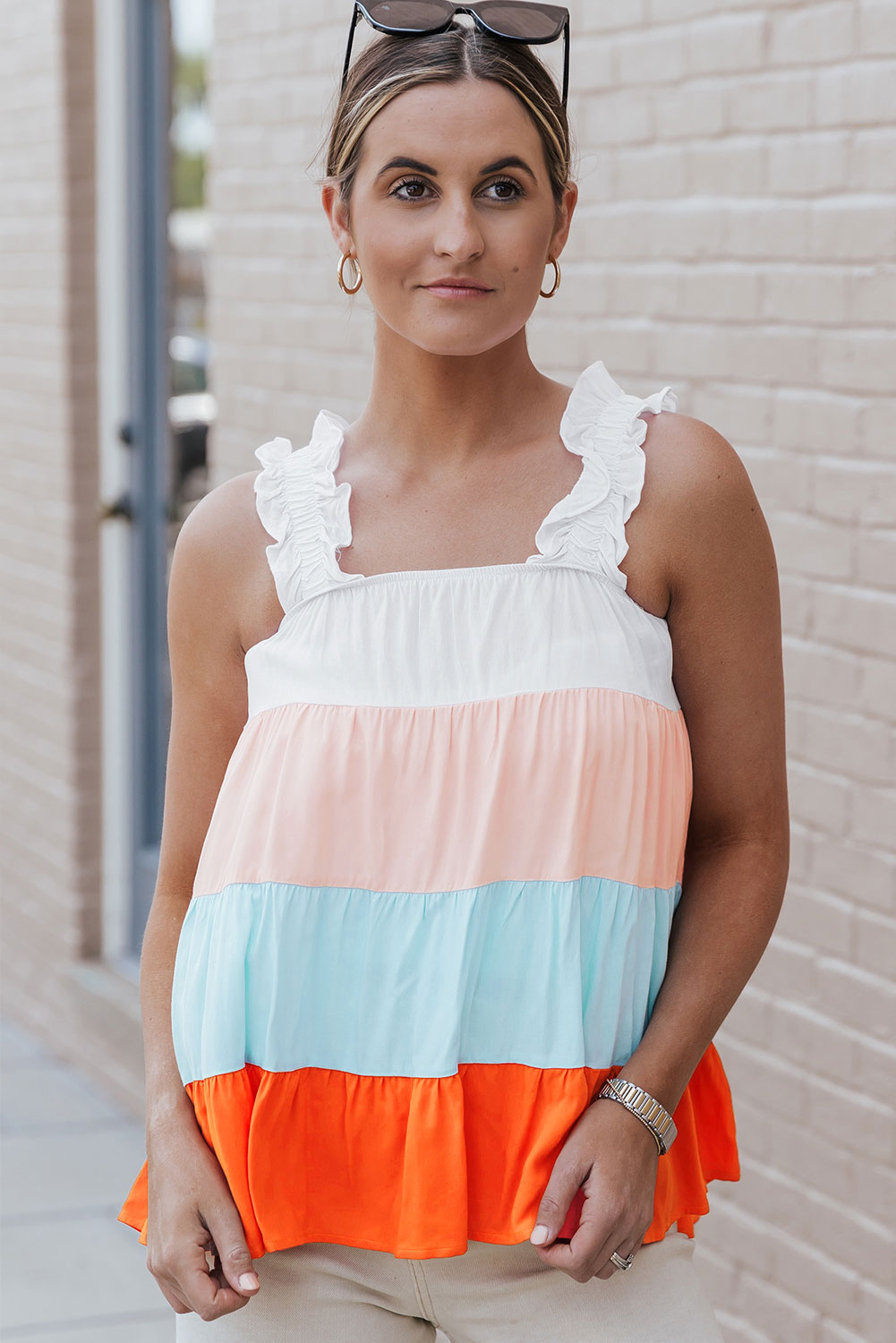 White Frill Straps Color Block Tiered Tank Top