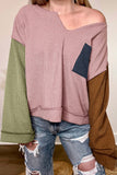 Colorblock Rib Textured Loose Long Sleeve Top