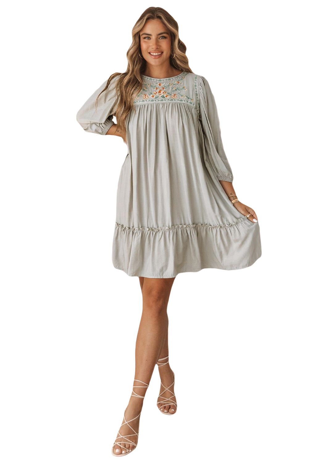 Floral Embroidered Long Sleeve Babydoll Mini Dress