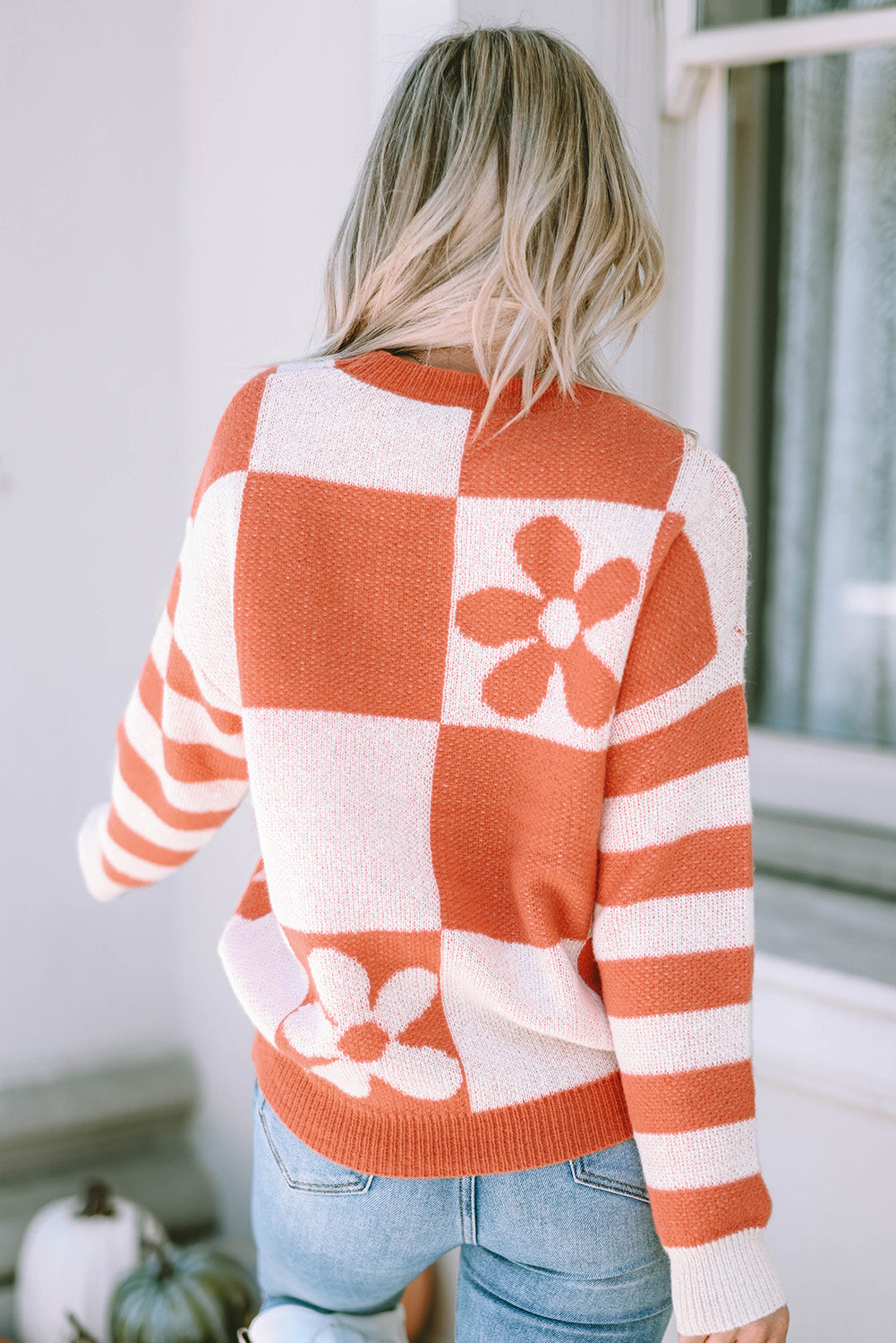 Green Checkered Floral Print Striped Sleeve Sweater