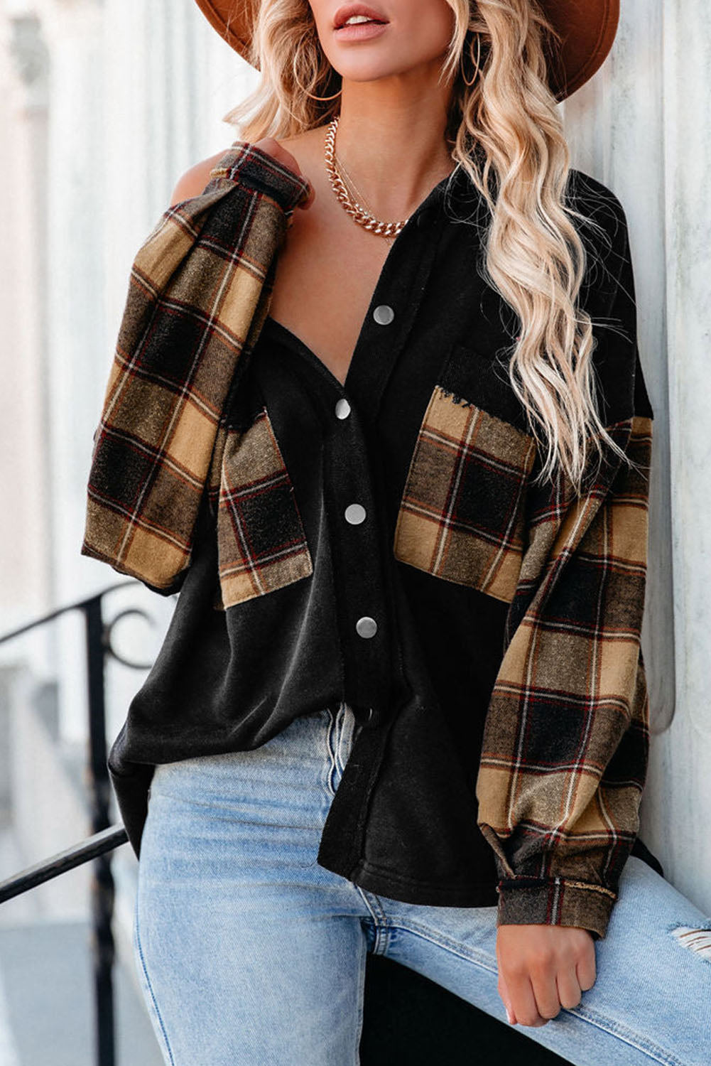 Plaid Patchwork Chest Pockets Oversized Shirt Jacket