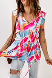 Abstract Print V Neck Ruffled Tank