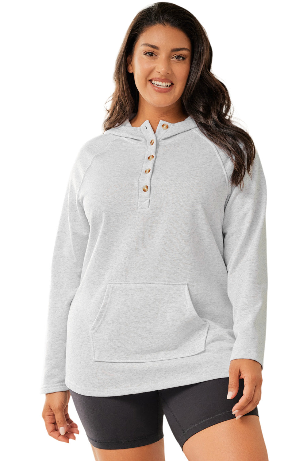 Plus Size Kangaroo Pocket Henley Button Hoodie