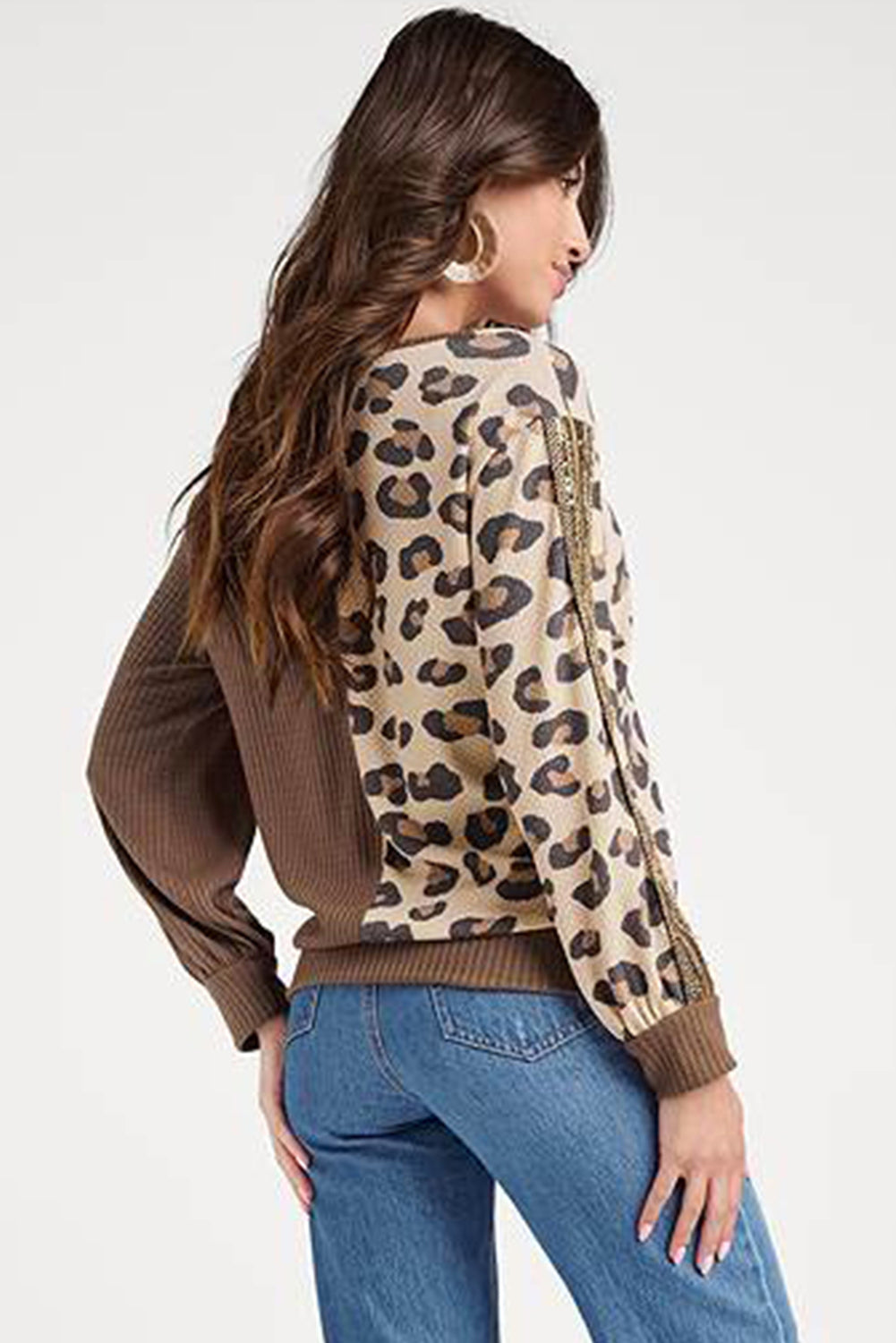 Leopard Splicing Waffle Knit V Neck Top