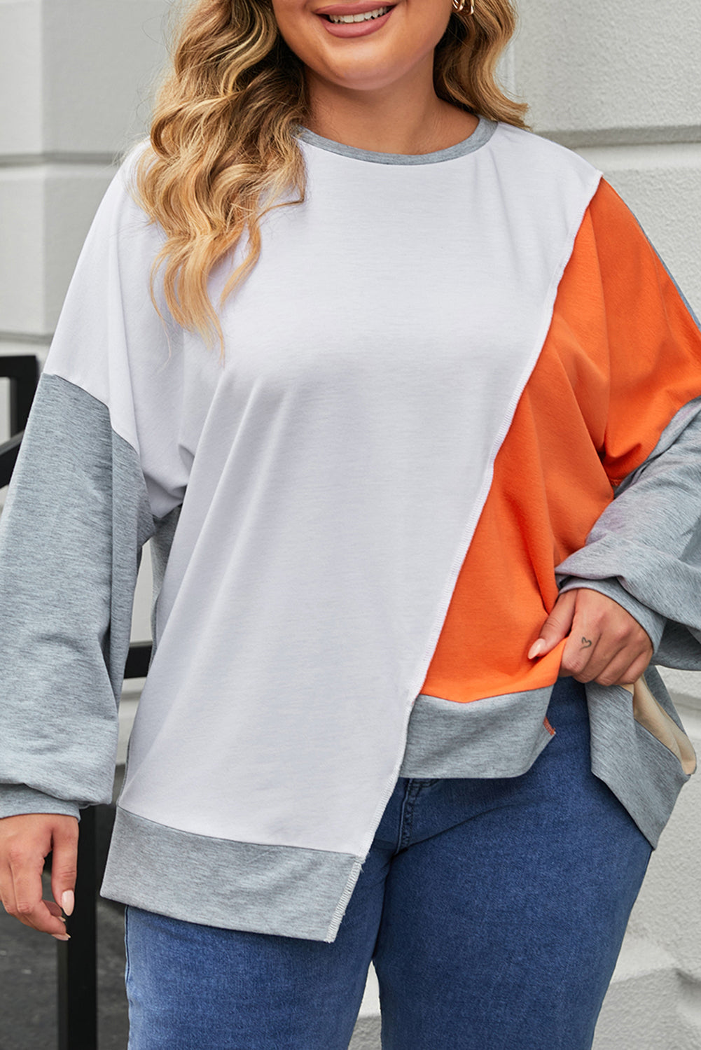 Colorblock Stitching Irregular Hem Long Sleeve Top