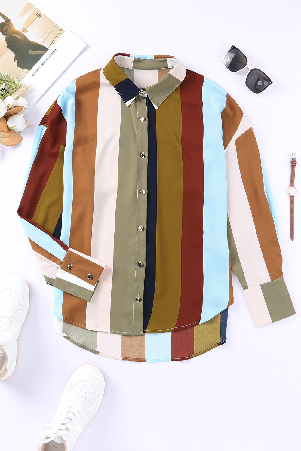 Stripe Color Block Oversized Long Sleeve Shirt