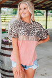 Leopard Sequin Colorblock Patchwork Short Sleeve Top