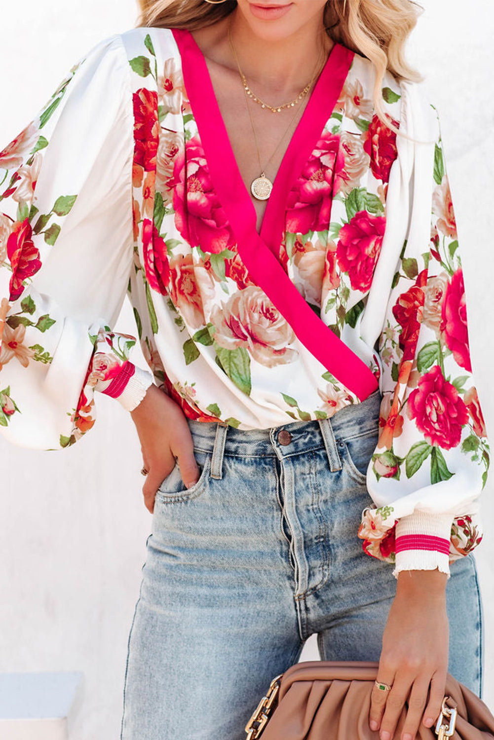 Floral Print V Neck Wrap Bodysuit