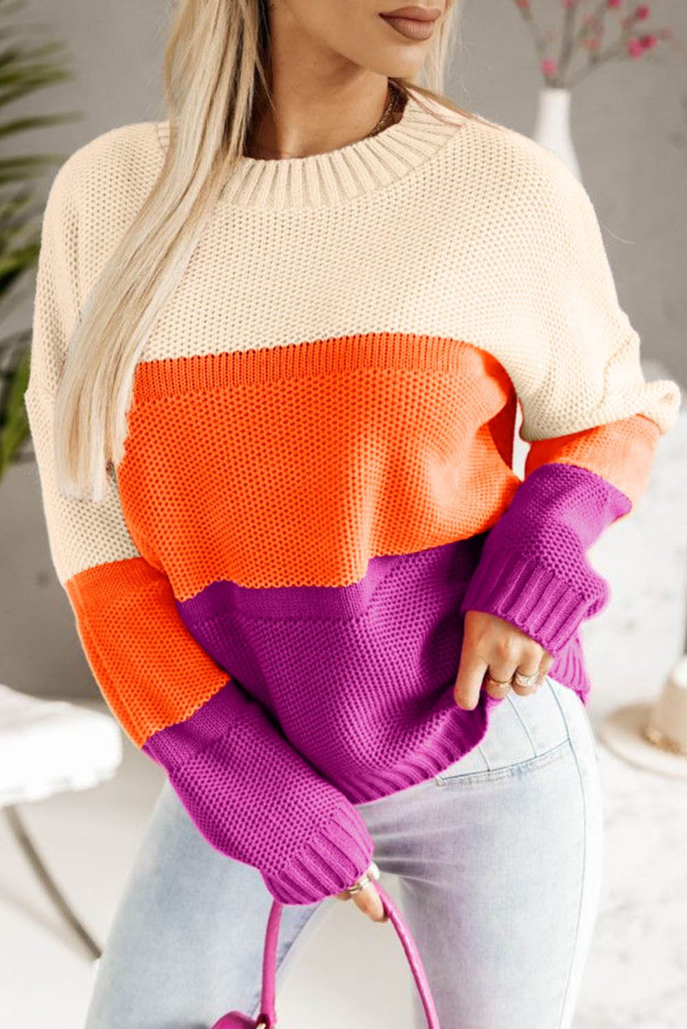 Color Block Drop Shoulder Round Neck Knit Sweater