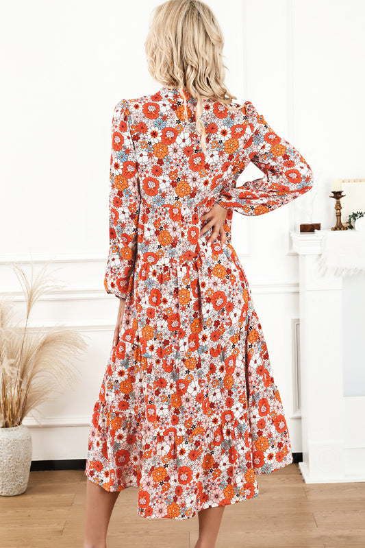 Robe bohème multicolore à col floral et manches longues à volants